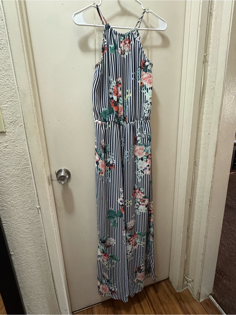My Michelle Navy & White Striped Floral Halter Dress with Pink Accents
